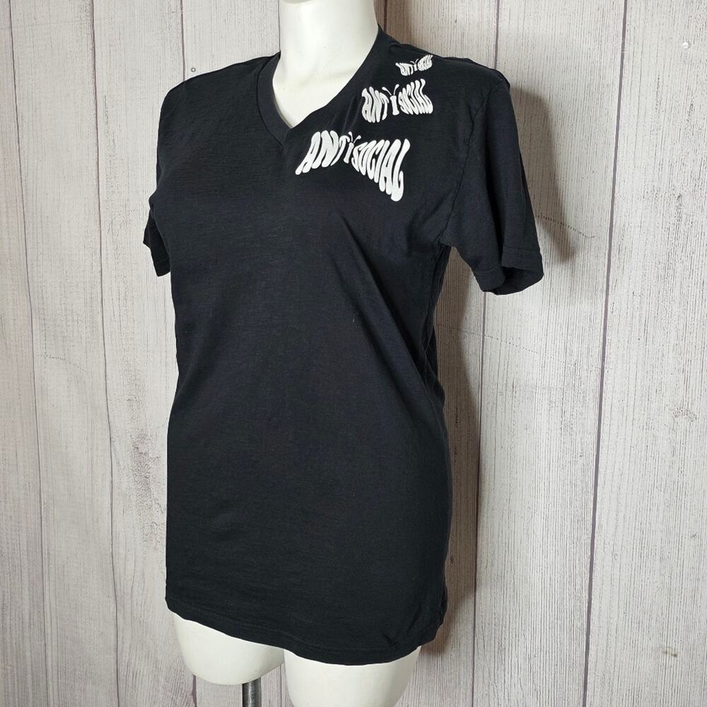 Attic Salt “Antisocial” Butterfly Graphic Tee Black V-Neck, sz Large